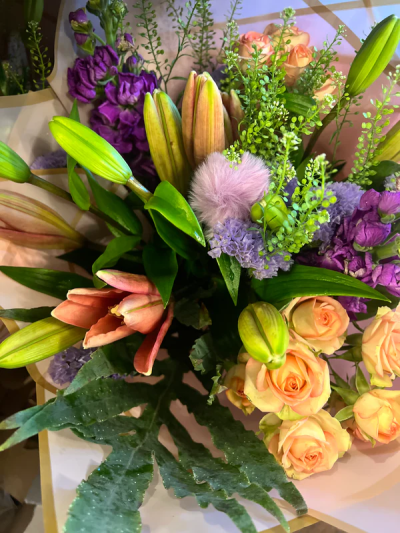 Lilly, rose and stock bouquet - A beautiful mix of scented stocks, lillies and spray roses. Flowers and colours may be substituted depending on stock levels.